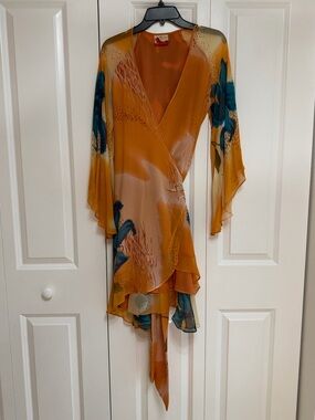 Female by Sybile & Marilyne Orange Floral Wrap Dress Tie Waist Sheer Sleeve S/M